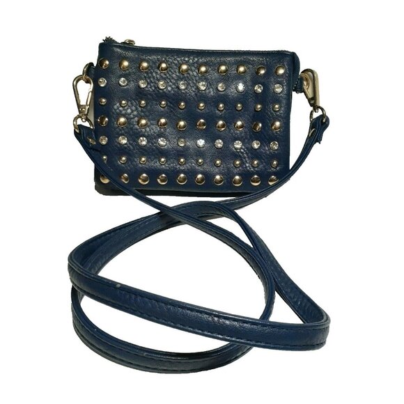 Small Crossbody Travel Purse Lots Compartments Sections Blue Rhinestones Studs - Picture 1 of 5